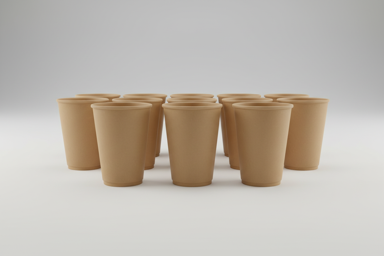 12oz kraft double wall coffee cups take away with no lids in studio back ground with no names on photos and not rippled just plain