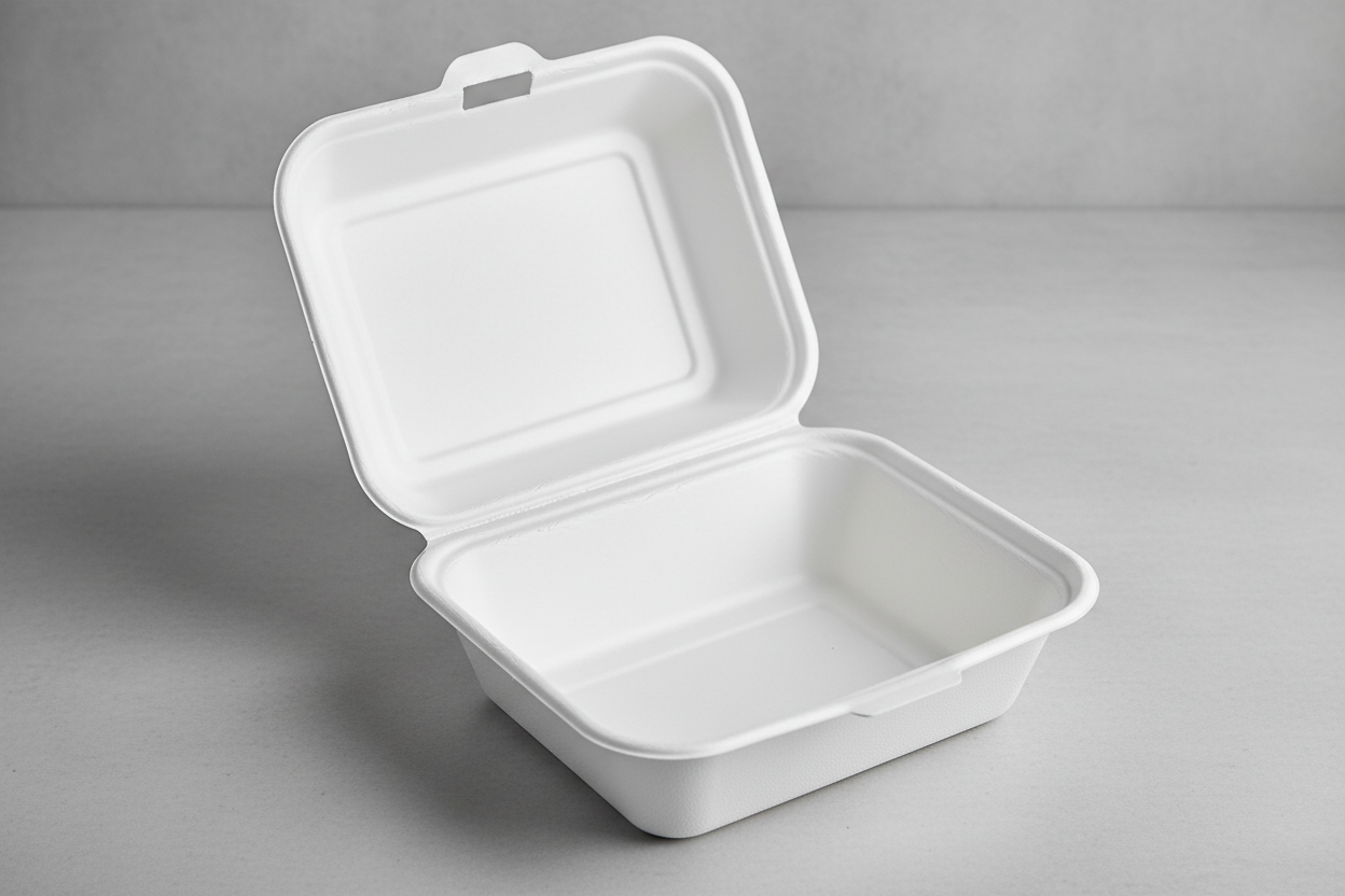 Bagasse white clamshel fish and chips medium take away box with no compartments and open box please
