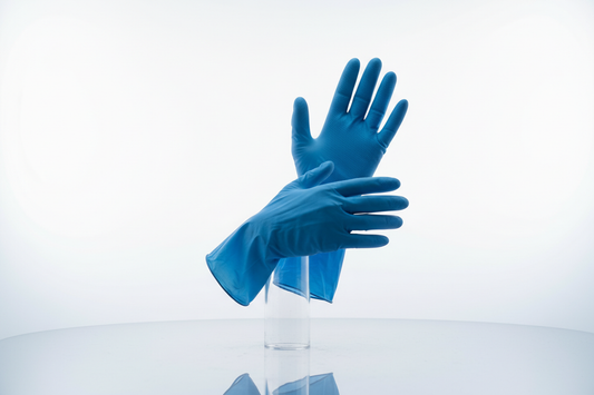 blue vinyl natural gloves in studio back ground