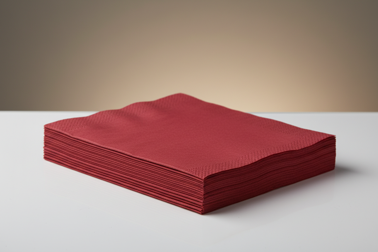 Coloured Napkin's – (40 X 40CM) 2PLY 1/8-FOLD - RED in studio back ground with perfect sizes and no names on the photos