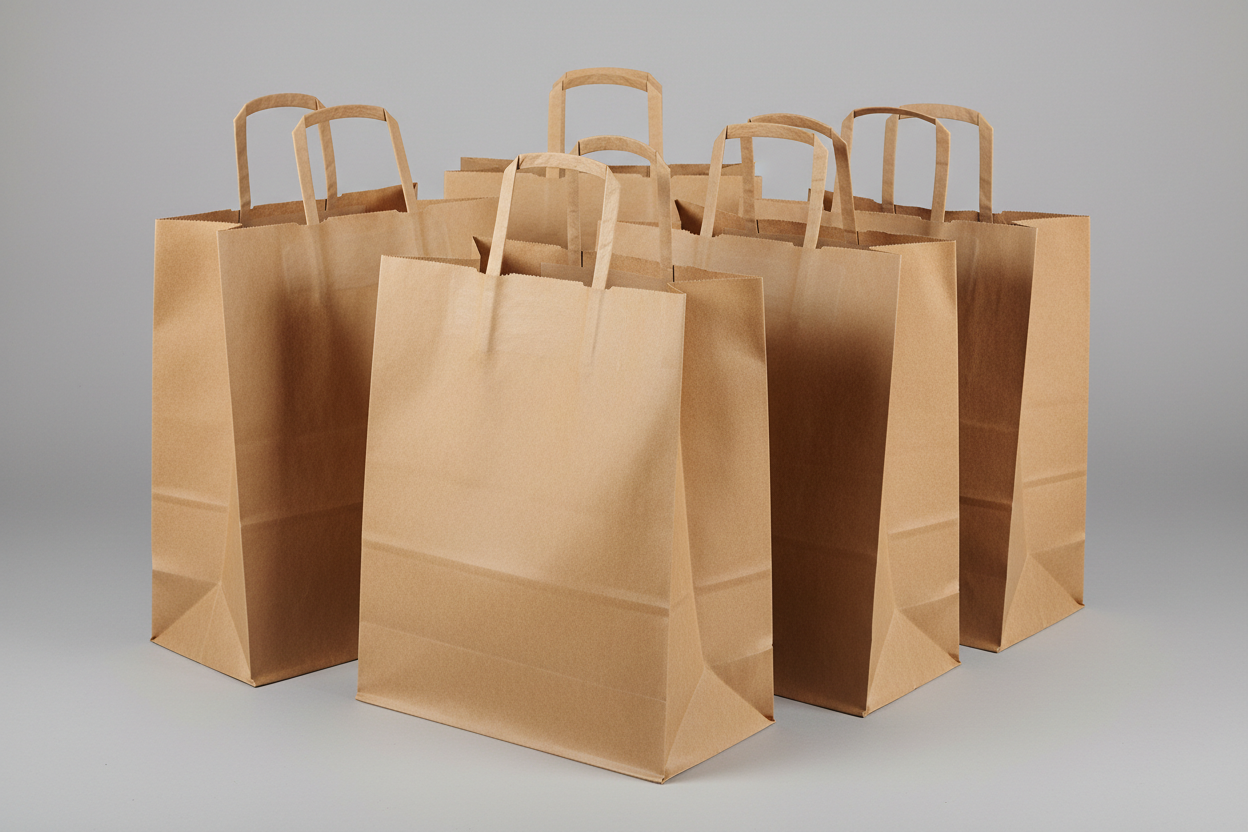 Kraft Takeaway SOS carrier Bags XXL with wide base and no twisted handles and no names in the photos but in studio back ground
