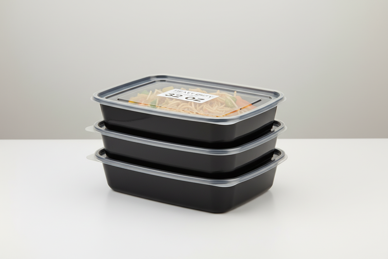 Rectangular Black Base Containers - Heavy Duty – 32oz in takeaway stido back ground