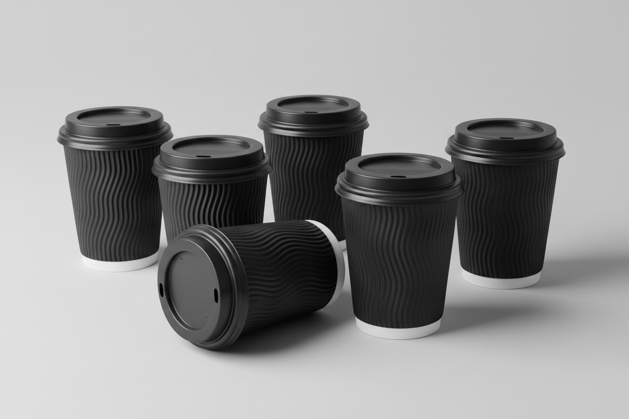 Ripple Wall Coffee Cups – black / 12oz in studio back ground take away and no printing anything on the cups