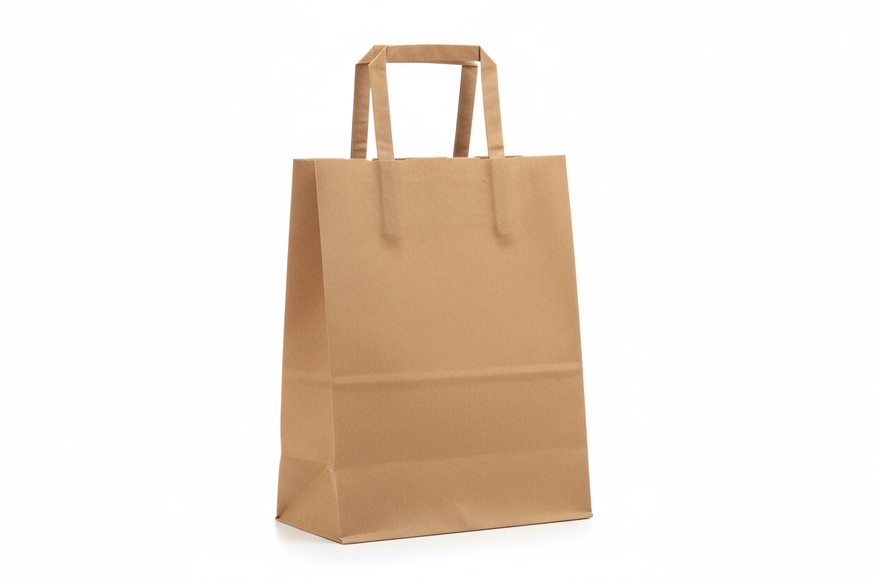 small browmn take away SOS carrier but not with twisted handles and no names in the photos and studio back ground please