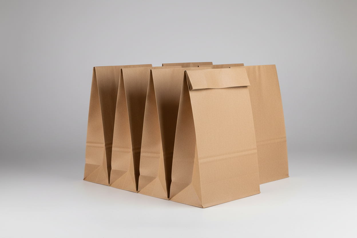 Takeaway Grab Bags – 150 × 65 × 305 mm (5.91 × 2.56 × 12.01 in) brown with no handles and no names in the photos but studio back ground