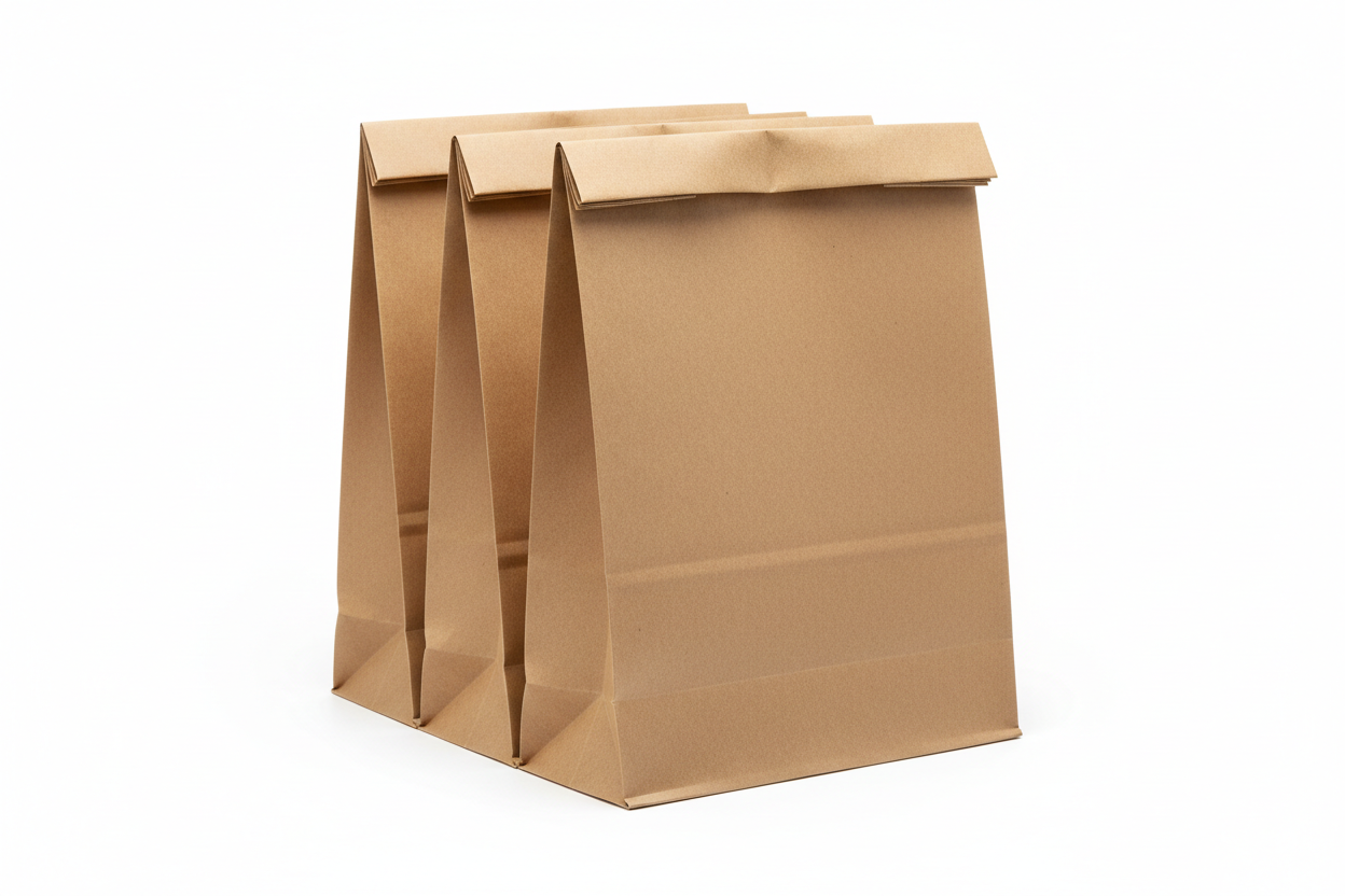 Takeaway Grab Bags – 215 × 100 × 385 mm (8.46 × 3.94 × 15.16 in) brown with no handles and no names in the photos and in studio back ground