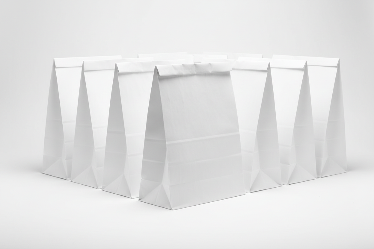White Kraft SOS Takeaway Bags – Extra-Large( No Handle) in studio back ground with no handles and no names on the photos and in studio back ground