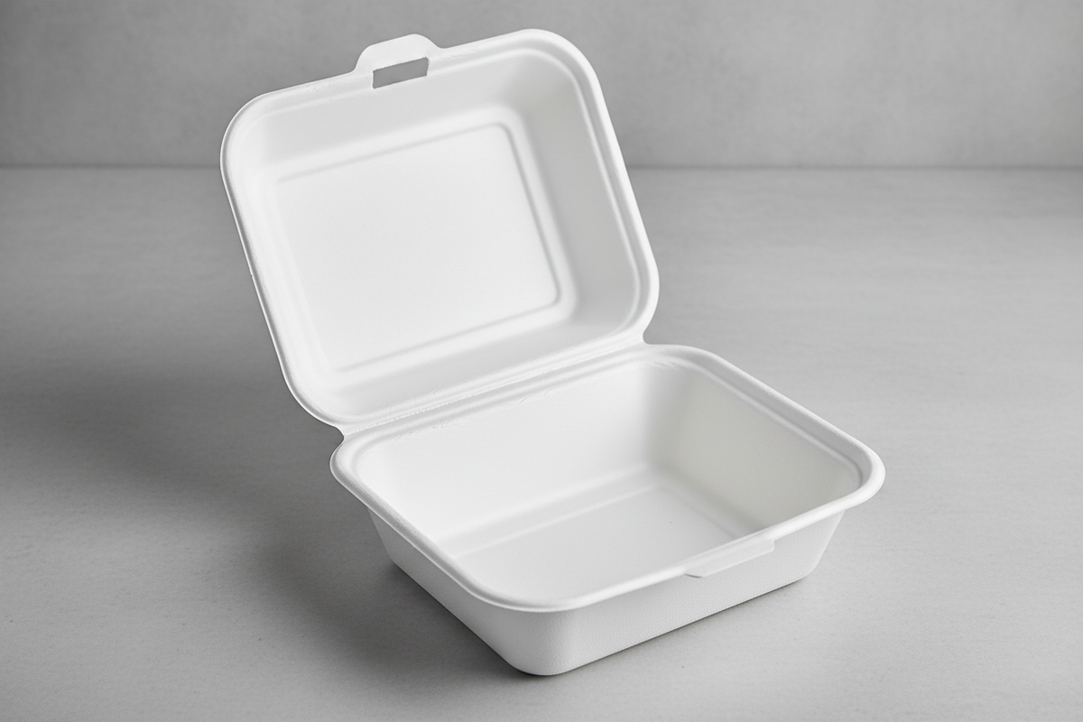 White bagasse medium fish and chips clamshell box (BFC 2), open
