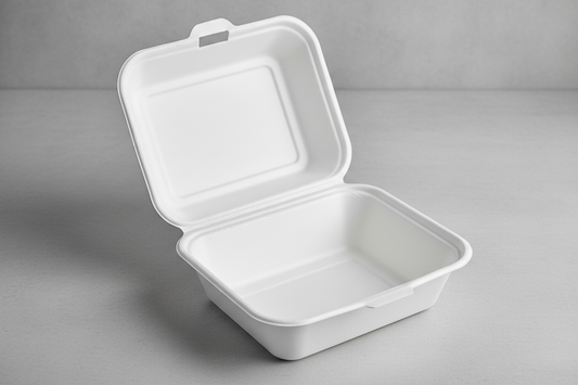 White bagasse medium fish and chips clamshell box (BFC 2), open
