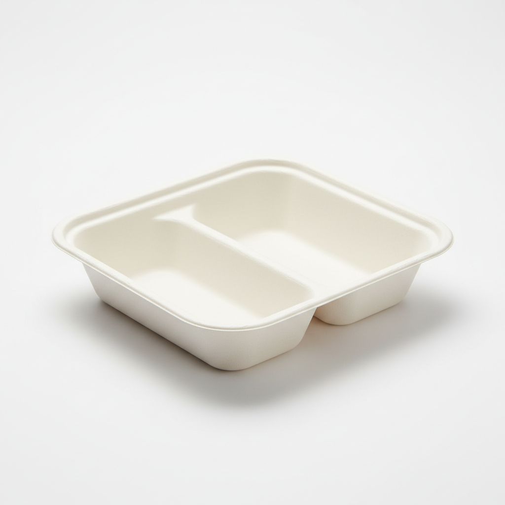 Bagasse Meal Boxes – 2 COMPARTMENT"BMB 2" white bagasse meal in studio back ground with 2 compartment
