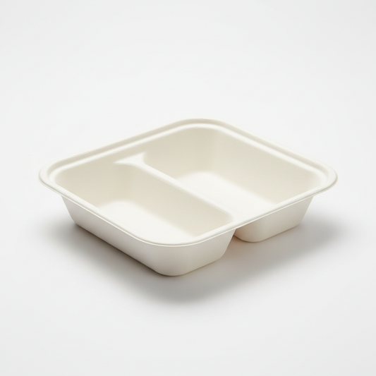 Bagasse Meal Boxes – 2 COMPARTMENT"BMB 2" white bagasse meal in studio back ground with 2 compartment