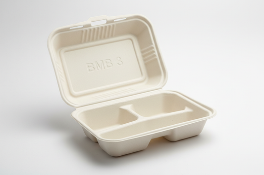 Bagasse Meal Boxes – 3 COMPARTMENT"BMB 3" white colour bagasse meal box in studio back ground please