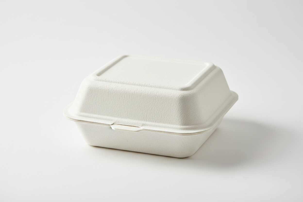 Baggase 5*5 white clamshell burger box in studio back ground