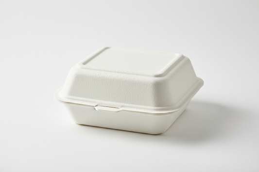 Baggase 5*5 white clamshell burger box in studio back ground