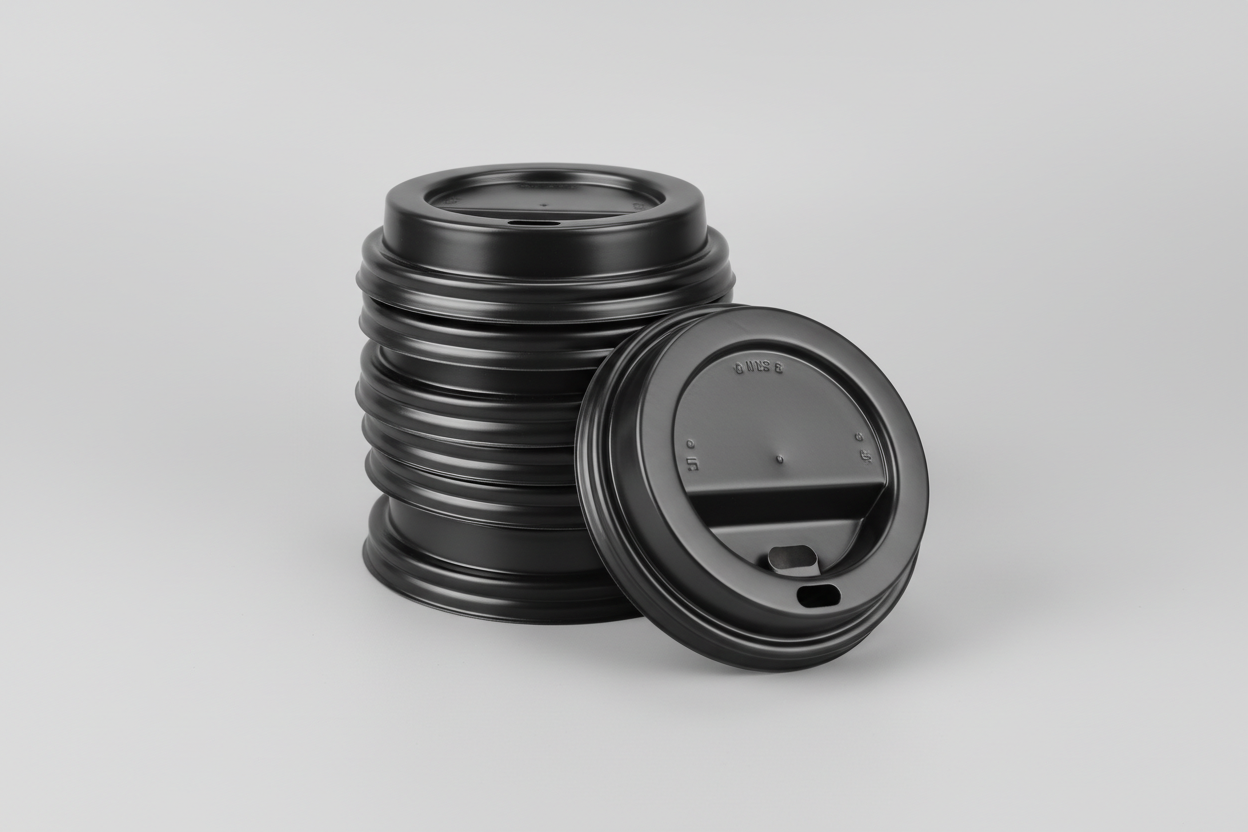 Coffee Cup Lids – 12oz black and in studio back ground and with no names in the photos