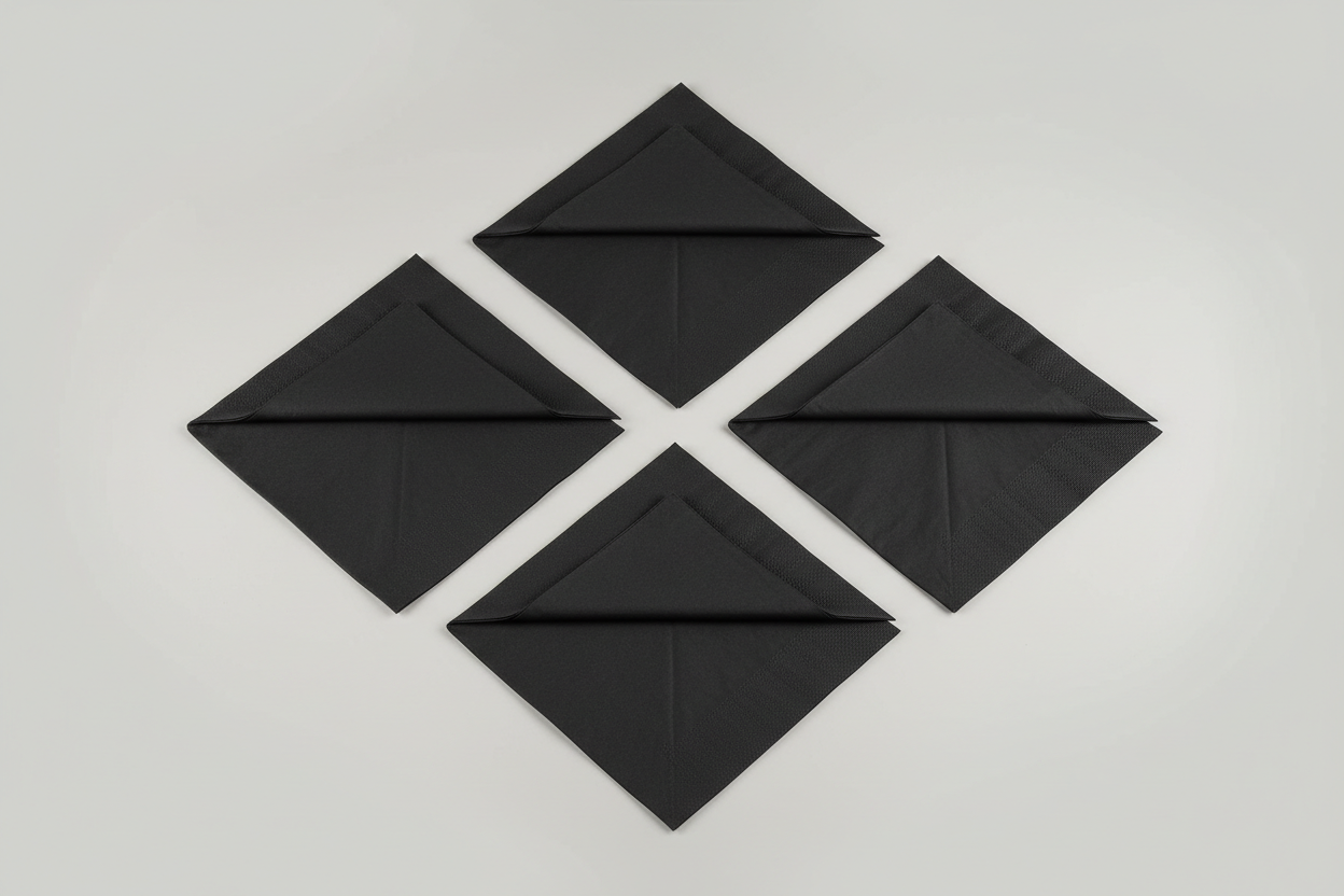 Coloured Napkin's – (40 X 40CM) 2PLY 1/4-FOLD - BLACK with perfect sizes in studio back ground with no names in the photos