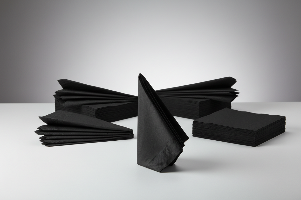 Coloured Napkin's – (40 X 40CM) 2PLY 1/8-FOLD - BLACK  in studio back ground with perfect sizes and no names in the photos