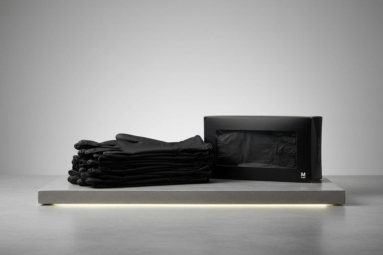 Disposable Black Nitrile Gloves – Medium in studio back ground but no names in the photos