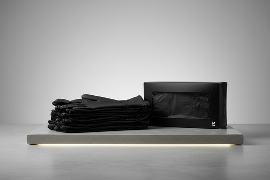 Disposable Black Nitrile Gloves – Medium in studio back ground but no names in the photos