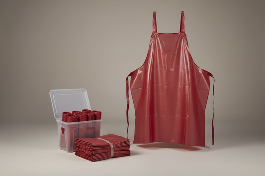 Disposable red aprons in studi back ground but no names in the photos