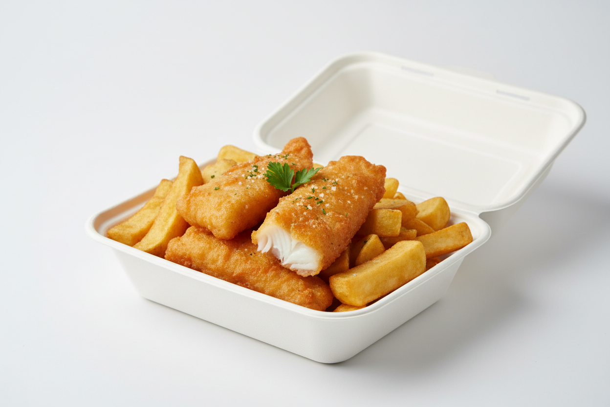 fish and chips extra large white clamshell in studio back ground 