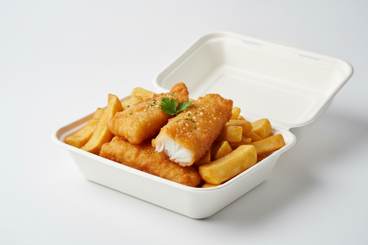 fish and chips extra large white clamshell in studio back ground 