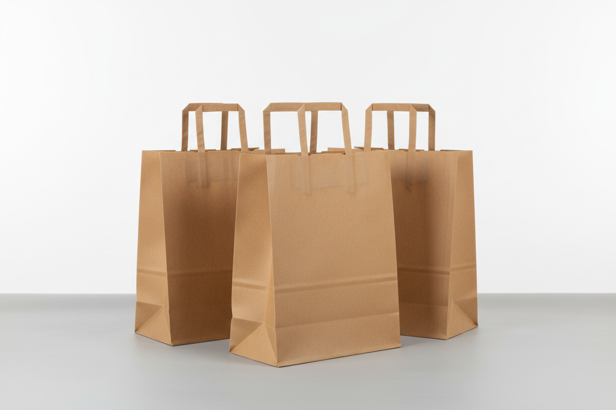 kraft brown take away bags Xtra large with widw base in rectan with internal handles but not twisted handles and no names in the photios and in studi back ground, 