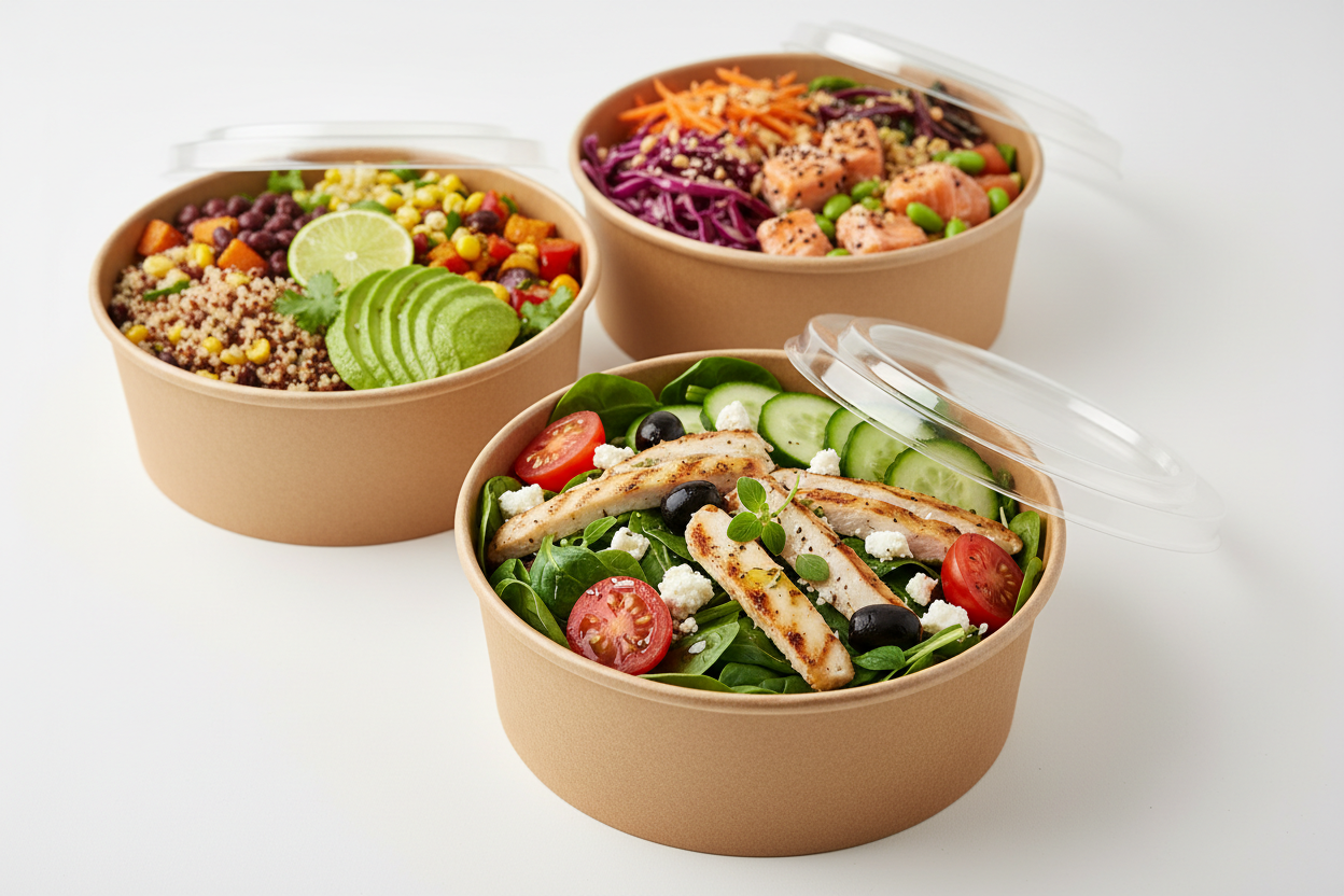 kraft salad bowls with food inside takeaway in studio background in portrait mode 