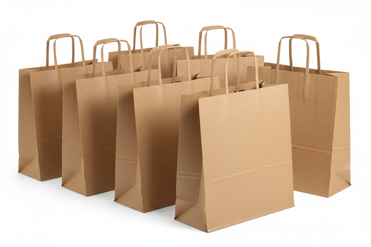 Kraft Takeaway Bags SOS Carrier bags  – Large but not twisted handles and no names in the photos and studio back ground