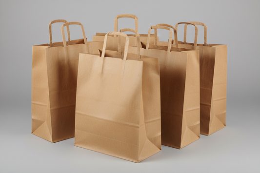 Kraft Takeaway SOS carrier Bags  XXL with wide base and no twisted handles and no names in the photos but in studio back ground