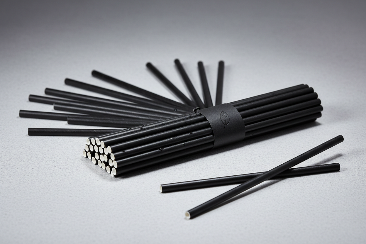Paper Straws – Full Black Paper Drinking Straws 6X200MM in studi back ground