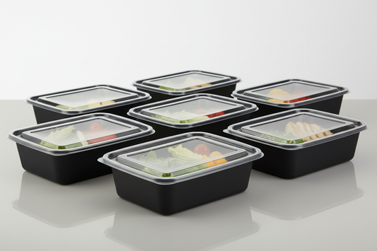 Rectangular Black Base Containers with Lids - Heavy Duty – 16oz takeaway in studio back ground