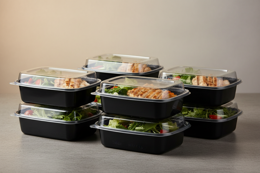 Rectangular Black Base Containers with Lids - Heavy Duty – 24oz takeaway in studio back ground