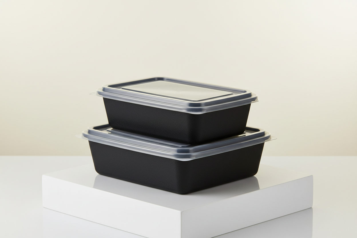 Rectangular Black Base Containers with Lids - Heavy Duty – 32oz takeaway in studio back ground