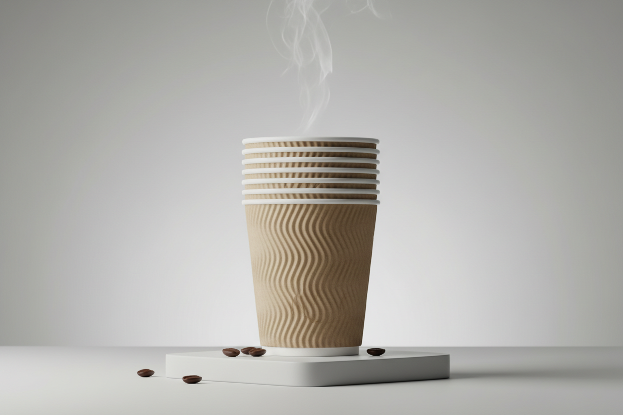 Ripple Wall Coffee Cups – beige / 12oz takeaway in studio back ground