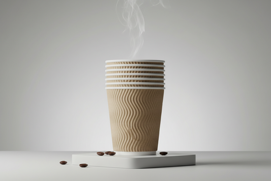 Ripple Wall Coffee Cups – beige / 12oz takeaway in studio back ground