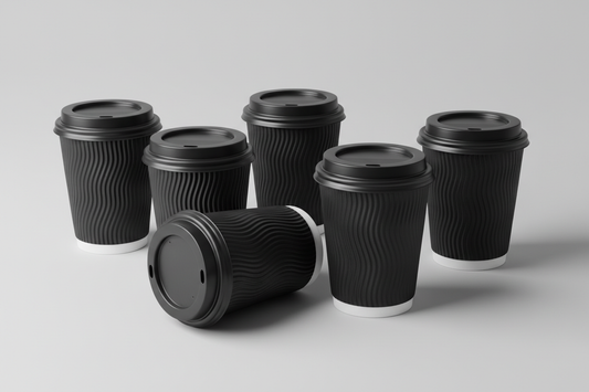 Ripple Wall Coffee Cups – black / 12oz in studio back ground take away and no printing anything on the cups