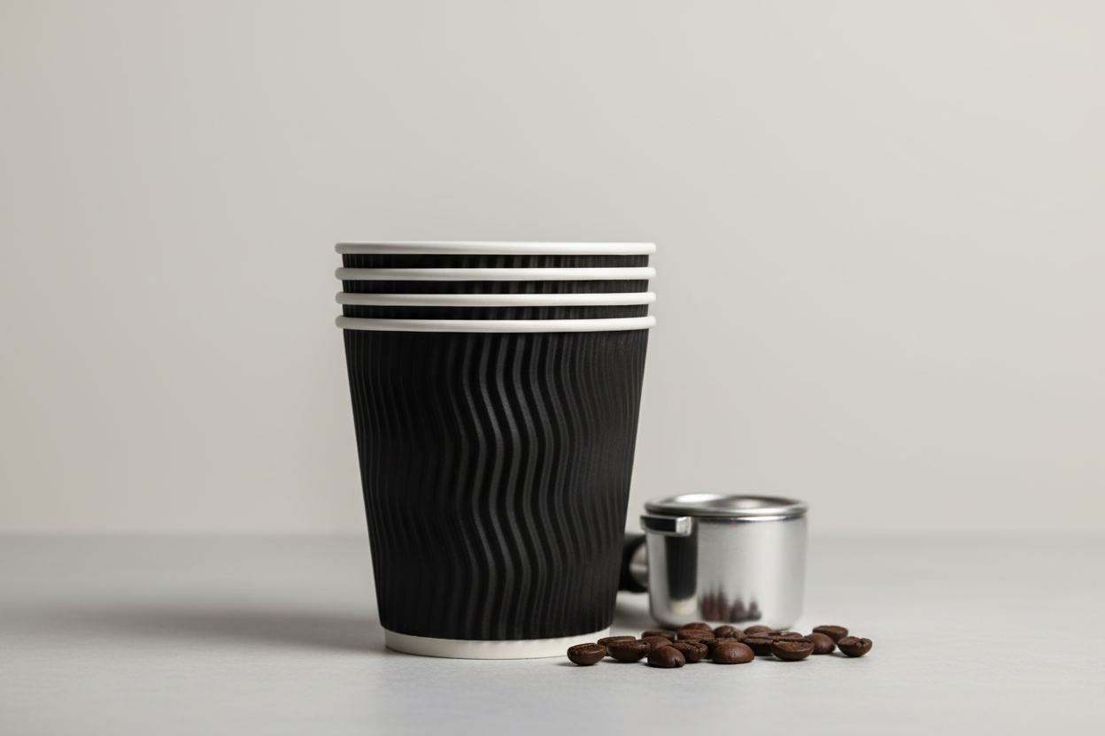 Ripple Wall Coffee Cups – black / 8oz takeaway in studio back ground