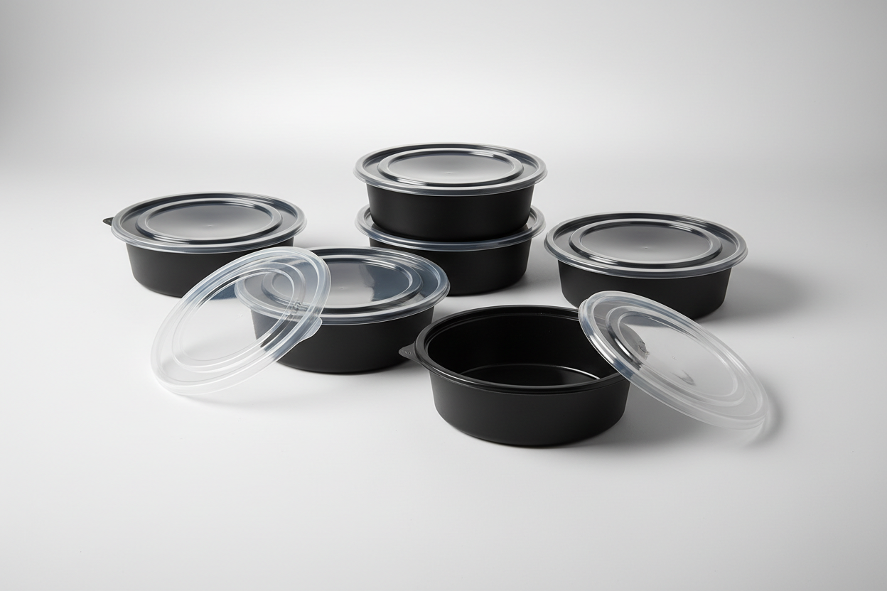 Round Black Base Bowls/Containers (PP) with Lids – 32oz in studio back ground