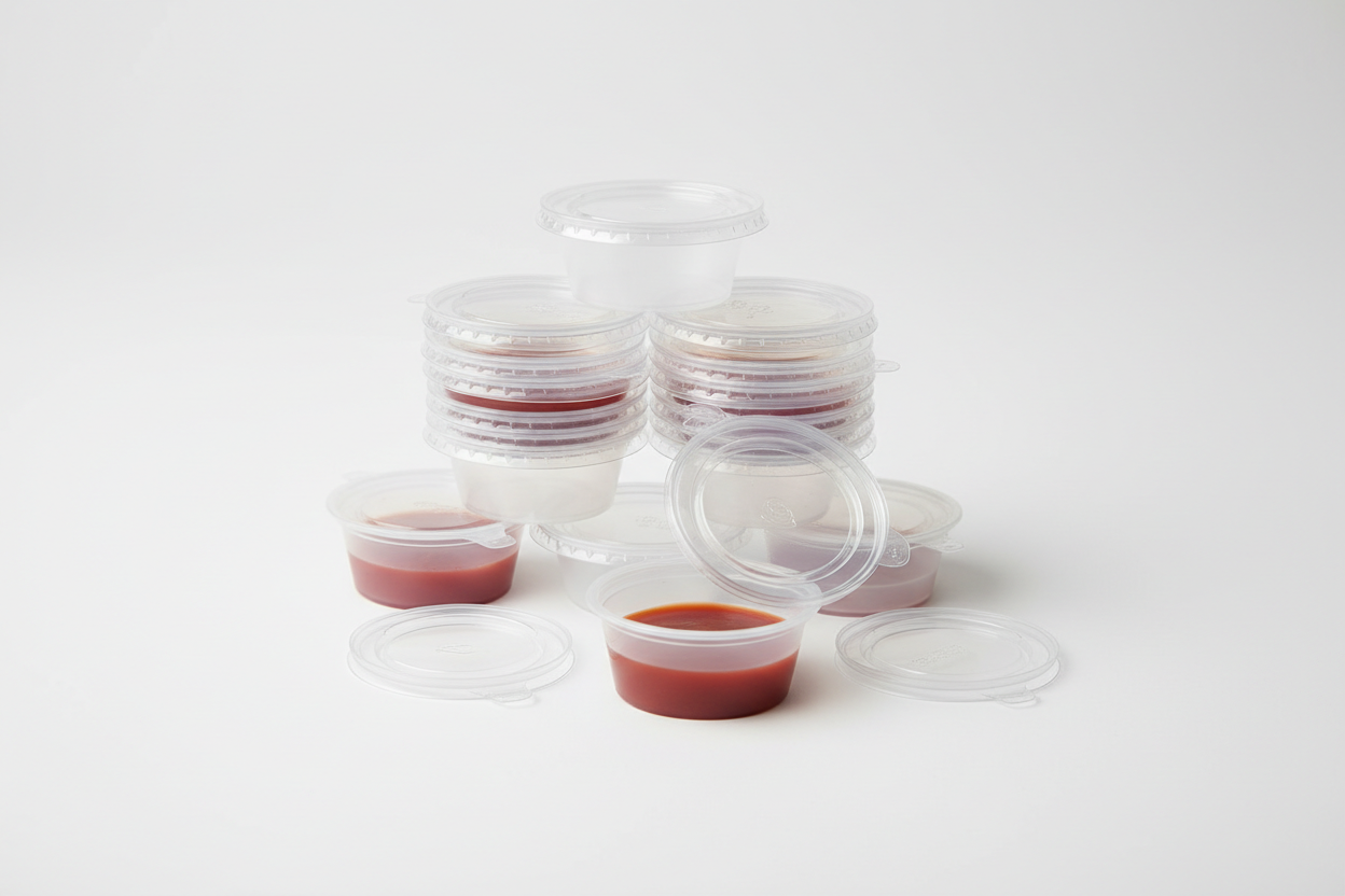 Sauce Cups with Hinged Lids – 1oz plastic in studio back ground
