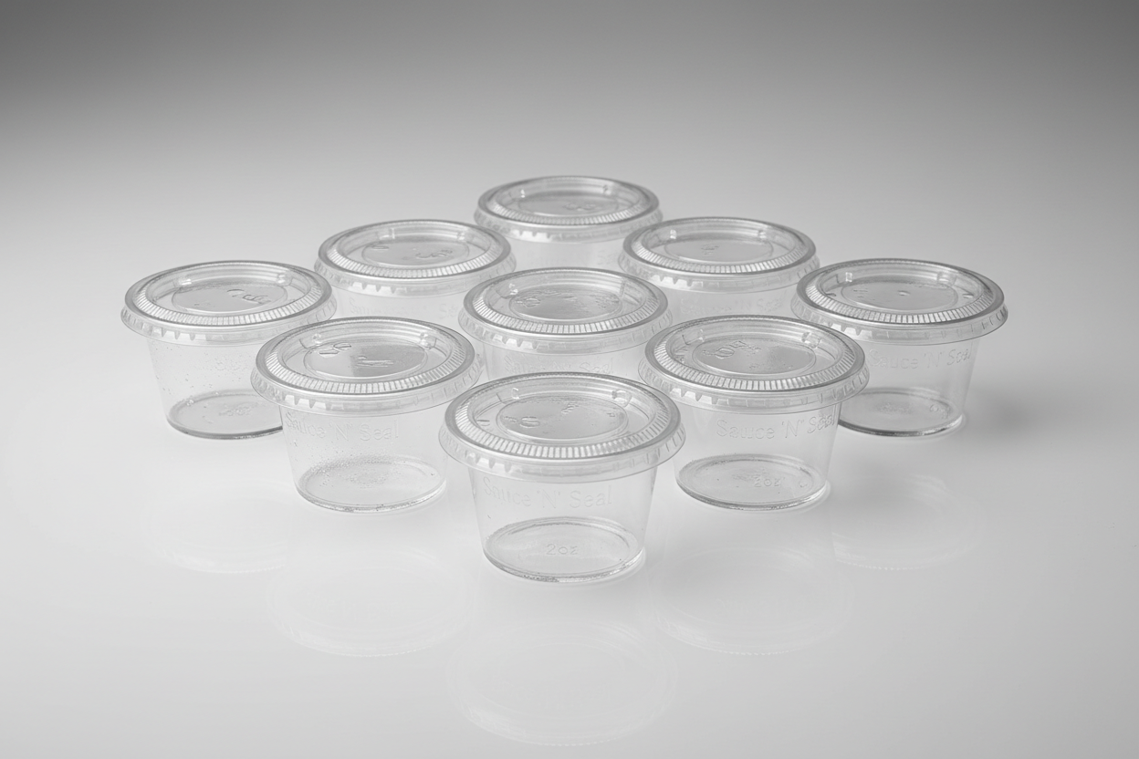 Sauce Cups with Hinged Lids – 2oz plastic in studio back ground 