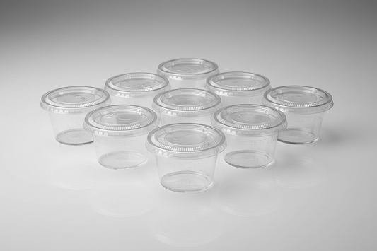 Sauce Cups with Hinged Lids – 2oz plastic in studio back ground 