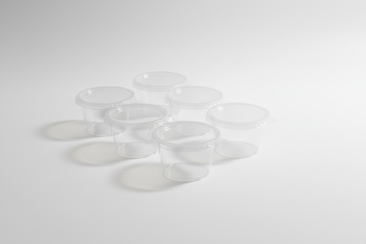Sauce Cups with Hinged Lids – 4oz plastic in studio back ground