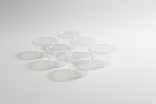 Sauce Cups with Hinged Lids – 4oz plastic in studio back ground