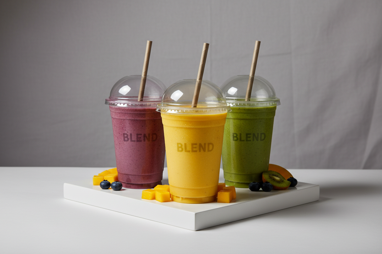 Smoothie cups 16oz take away in studio back ground