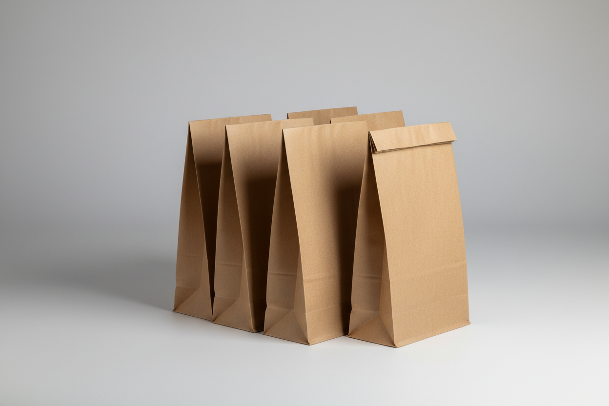 Takeaway Grab Bags – 150 × 65 × 355 mm (5.91 × 2.56 × 13.98 in) brown with no handles and no names in the photos but studio back ground