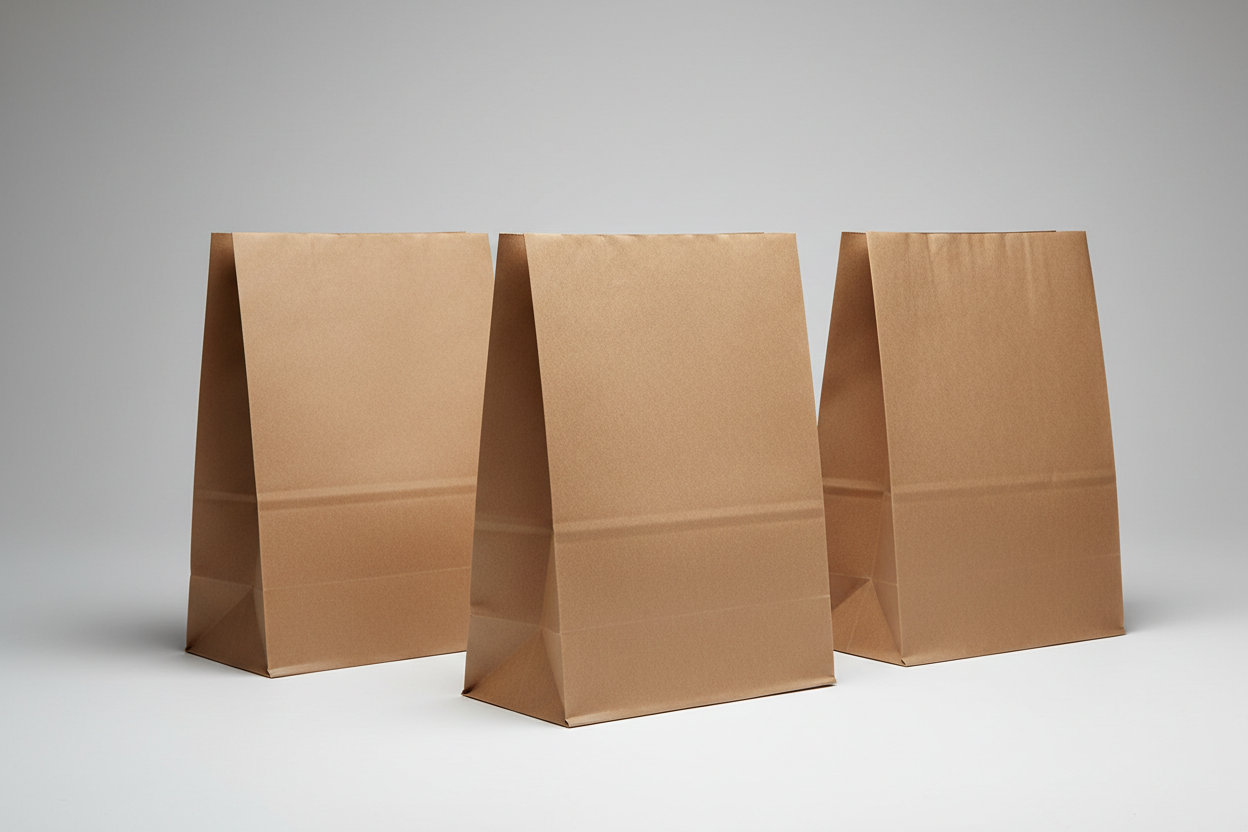 Takeaway Grab Bags – 204 × 115 × 381 mm (8.03 × 4.53 × 15.00 in) brown with no handles and no names in the photos but in studio back ground