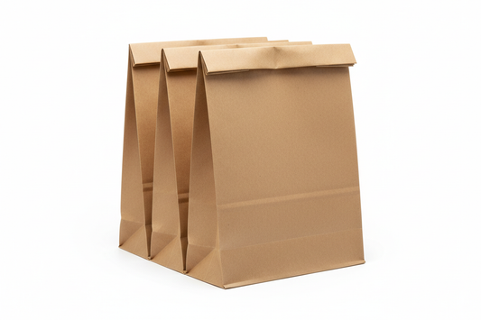 Takeaway Grab Bags – 215 × 100 × 385 mm (8.46 × 3.94 × 15.16 in) brown with no handles and no names in the photos and in studio back ground