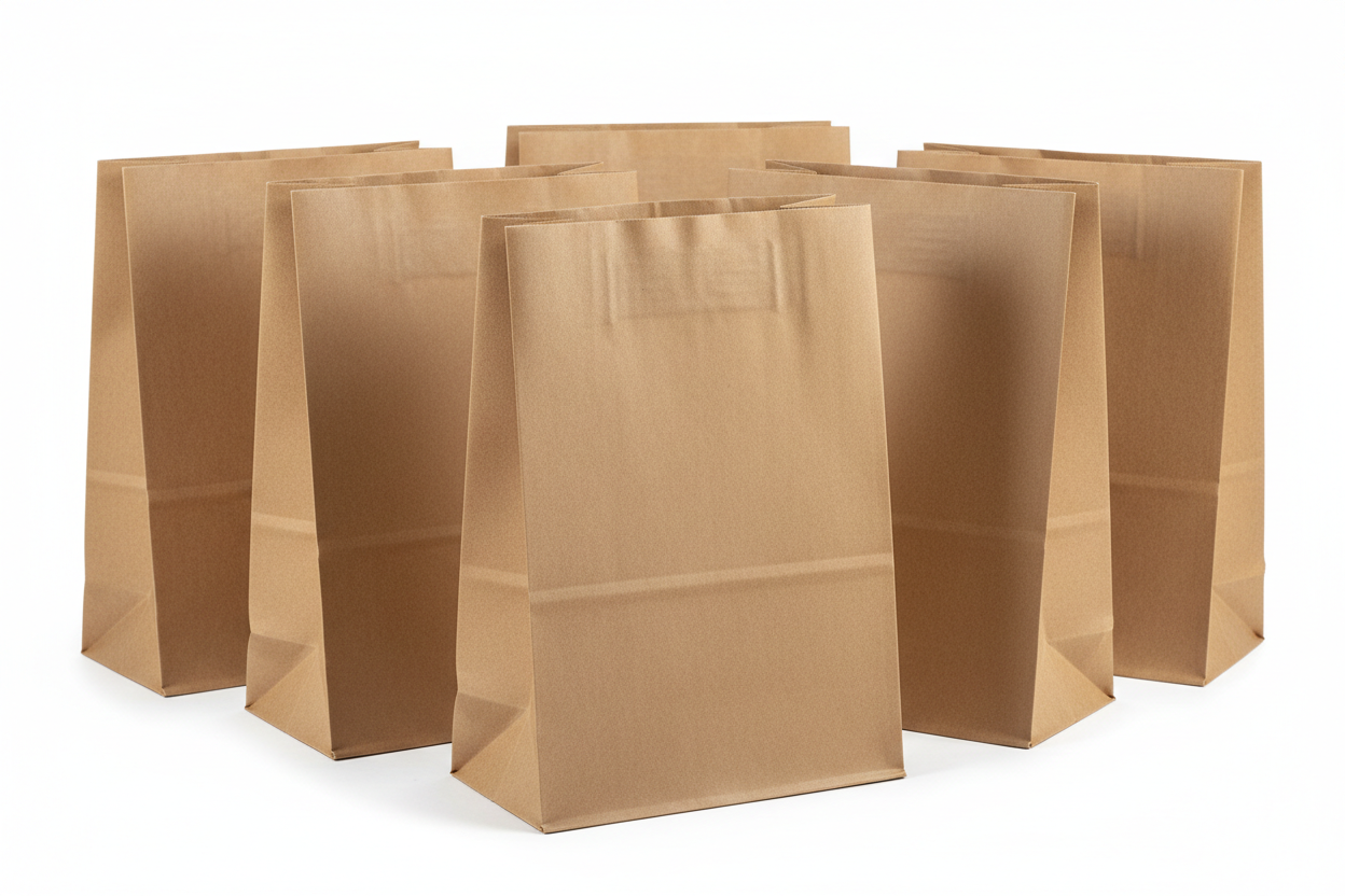 Takeaway Grab Bags – 254 × 140 × 419 mm (10.00 × 5.51 × 16.50 in)brown with no handles and no names in the photos and in studio back ground