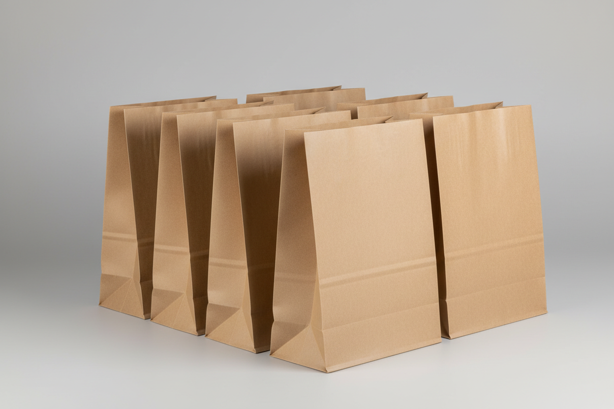 Takeaway Grab Bags – 260 × 130 × 405 mm (10.24 × 5.12 × 15.94 in) brown with no handles and no names in the photos and studio back ground